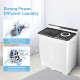 Compact washer and dryer combo with dual tubs, built-in drain pump, and stainless steel dryer for efficient laundry.