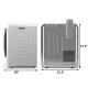 Compact washer and dryer combo with dual tubs, stainless steel dryer, and dimensions of 20" x 23.5" x 27.5".