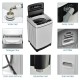 Compact washer and dryer combo with stainless steel drum, featuring detergent box and adjustable feet for space-saving.