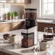 Conical burr coffee grinder in silver with digital display, featuring 60 settings and an 8.8 oz bean hopper for precise.