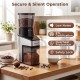 Conical burr coffee grinder in silver with digital display, 60 settings, and low-noise operation for home use.