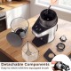 Conical burr coffee grinder with detachable components, digital display, and equipped brush for easy cleaning.