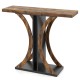 Rustic brown console table with geometric frame, providing storage and display space for entryway or hallway use.