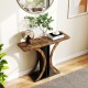 Console table with rustic brown wood top and geometric black frame, ideal for entryways or small spaces.