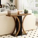 Rustic brown console table with geometric frame, offering ample storage for photos and plants, ideal for entryways.