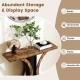 Console table with rustic brown finish and geometric frame, ideal for displaying plants and photos in entryways.