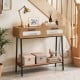 Console table with LED lights, natural wood finish, two drawers, and open shelf for hallway storage and decor.