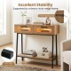 Console table with LED lights, featuring two large drawers and an open shelf, supported by a heavy-duty metal frame.