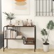 Console table with metal frame and dual-tier shelves, ideal for living room storage and display of books and decor.