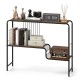 Console table with dual-tier storage shelf, metal frame, and decorative items, ideal for living room organization.