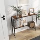 Console table with dual-tier storage shelf, metal frame, and spacious top for books and decor, ideal for living room.