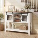 Console table with sliding barn doors in rustic brown, featuring adjustable shelves and ample storage for decor.