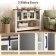Console table with rustic brown finish, featuring sliding barn doors, mesh accents, and adjustable shelves for storage.