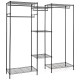 L-shaped convertible clothes organizer in black with 7 shelves and 4 hanging rods for versatile storage solutions.
