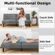 Gray convertible futon sofa bed shown in a side view, featuring soft sponge padding and a durable linen fabric for.