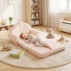 Convertible kids sofa in beige, featuring soft teddy fleece fabric, used as a lounge bed for reading and relaxing.
