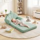 Convertible kids sofa in green, featuring soft teddy fleece fabric, used as a lounge bed for reading and relaxing.