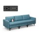 Convertible blue leather sofa couch with magazine pockets and two USB ports, featuring removable cushions and durable.