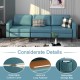 Convertible blue leather sofa couch with removable cushion covers and side storage pockets for magazines and remotes.