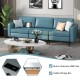 Convertible blue leather sofa with magazine pockets, USB ports, and removable cushions for versatile living room use.