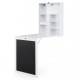 Convertible wall-mounted table in white with a chalkboard, featuring storage compartments and a fold-out design for.