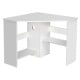 Corner computer desk in white with triangle design, spacious tabletop, and storage shelves for efficient workspace.
