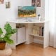 Compact white corner computer desk with storage shelf, designed for efficient space use and versatile functionality.
