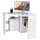 Compact white corner computer desk with storage shelf, designed for efficient space use and cable management.