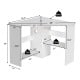 Triangle corner computer desk in white with storage shelves, cable management holes, and a 200 lbs weight capacity.