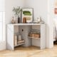 Corner computer desk in white with triangle design, storage shelves, and cable management for efficient workspace.
