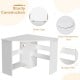 Triangle corner computer desk in white with storage shelves and cable management holes for efficient workspace.