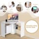 Corner computer desk in white with triangle design, spacious tabletop, and storage shelves for versatile use in any.