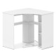 Corner computer desk with an arc-shaped profile, adjustable shelf, and five open shelves for versatile home office use.