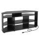 Corner TV stand in black for TVs up to 55 inches, featuring adjustable shelves and a convenient charging station.