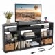 Corner entertainment center TV stand in black for TVs up to 55 inches, featuring ample storage and adjustable shelves.