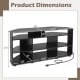 Corner TV stand dimensions with ample storage, suitable for TVs up to 55 inches, in sleek black finish.