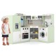 Corner kids play kitchen in green with washing machine and ice maker, designed for realistic cooking fun and storage.