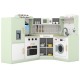 Corner kids play kitchen in green with washing machine and ice maker, featuring realistic cooking accessories for.