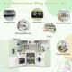 Corner kids play kitchen set in green with washing machine, oven, and stovetops for realistic cooking fun.