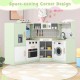 Corner kids play kitchen in green with washing machine and ice maker, designed for realistic play and space-saving use.