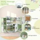 Corner kids play kitchen in green featuring multiple storage options, including shelves, hooks, and a storage cabinet.