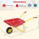 Kids wheelbarrow with all-terrain wheels in red, featuring a robust metal structure and dimensions for outdoor play.