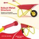 Kids wheelbarrow in red with all-terrain wheels, featuring anti-slip handles and a robust metal structure for stability.