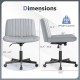 Gray Criss Cross Chair with Wheels showing dimensions, featuring a wide seat and 350 lbs weight capacity for ergonomic.