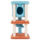 Cute monster-themed cat tower in blue and orange with plush condo, sisal scratching posts, and playful hanging toys.