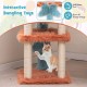 Cute monster-themed cat tower with plush hanging toys, sisal scratching post, and cozy condo for playful cats.