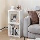 White cube storage organizer showcasing two compartments, ideal for books and decor in living room or office settings.
