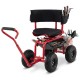 Cushioned rolling garden cart scooter in black and red with storage basket, tool pouch, and 360° swivel seat for.