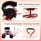Cushioned rolling garden cart scooter with 360° swivel seat, adjustable height, and storage basket for easy gardening.