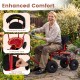 Cushioned rolling garden cart scooter in black and red with ergonomic seat, storage basket, and tool pouch for.